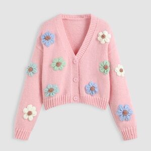CIDER PINK V-NECK BUTTON FLOWER CARDIGAN